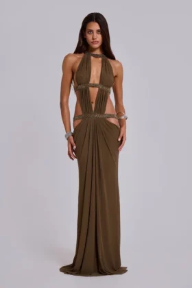 6AM Cut-Out-Maxikleid in Moosgrün