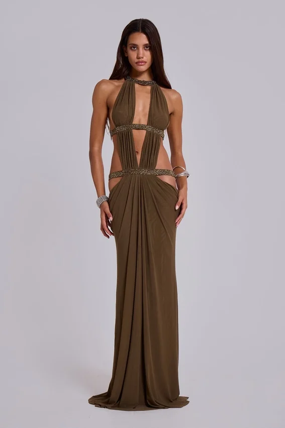 6AM Cut-Out-Maxikleid in Moosgrün