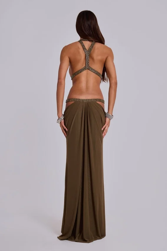 6AM Cut-Out-Maxikleid in Moosgrün