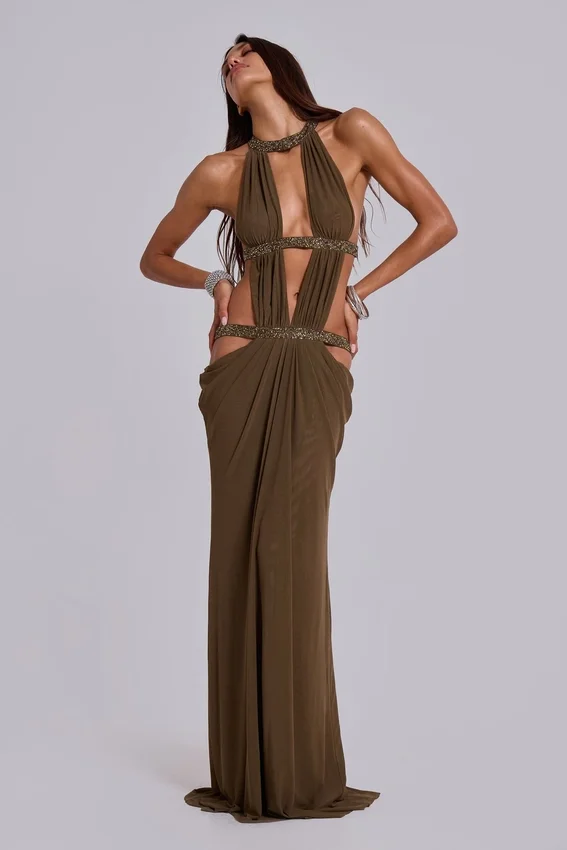 6AM Cut-Out-Maxikleid in Moosgrün