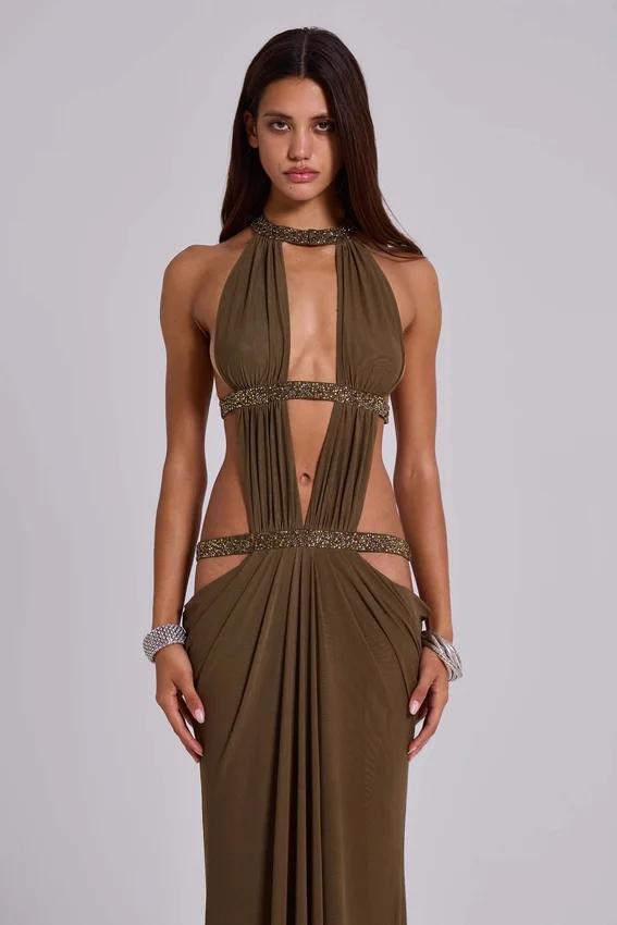 6AM Cut-Out-Maxikleid in Moosgrün