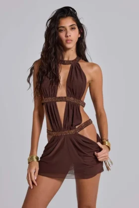 6AM Mini-Kleid mit Cut-outs in Kakao
