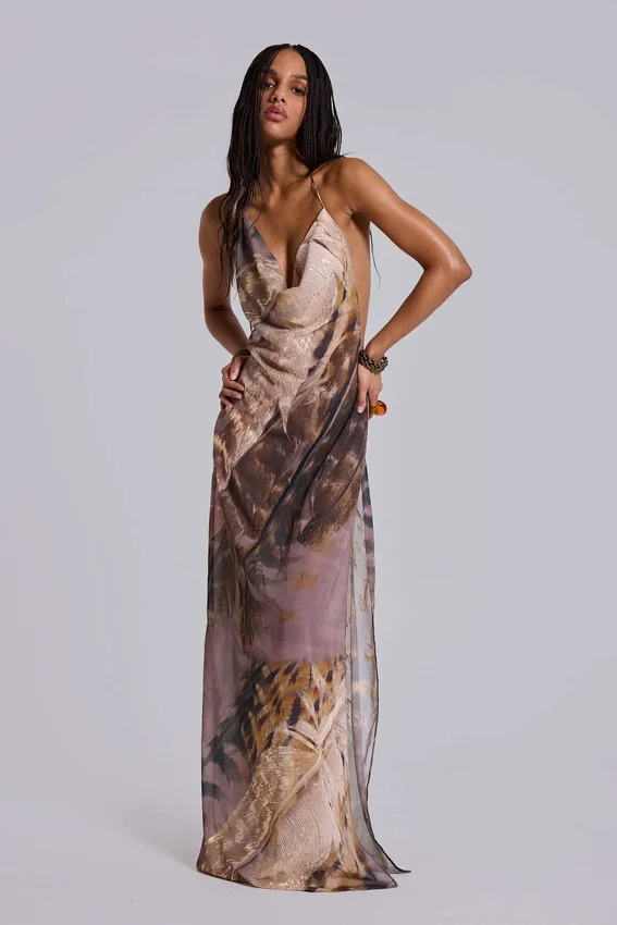 Alameda – Metallic-Maxikleid aus Chiffon mit Cowl-Ausschnitt und rückenfreiem Design