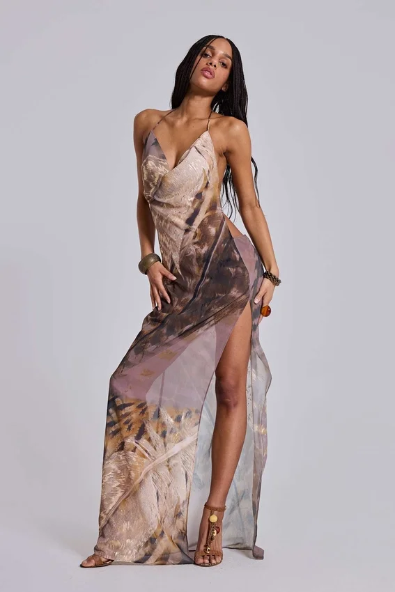 Alameda – Metallic-Maxikleid aus Chiffon mit Cowl-Ausschnitt und rückenfreiem Design