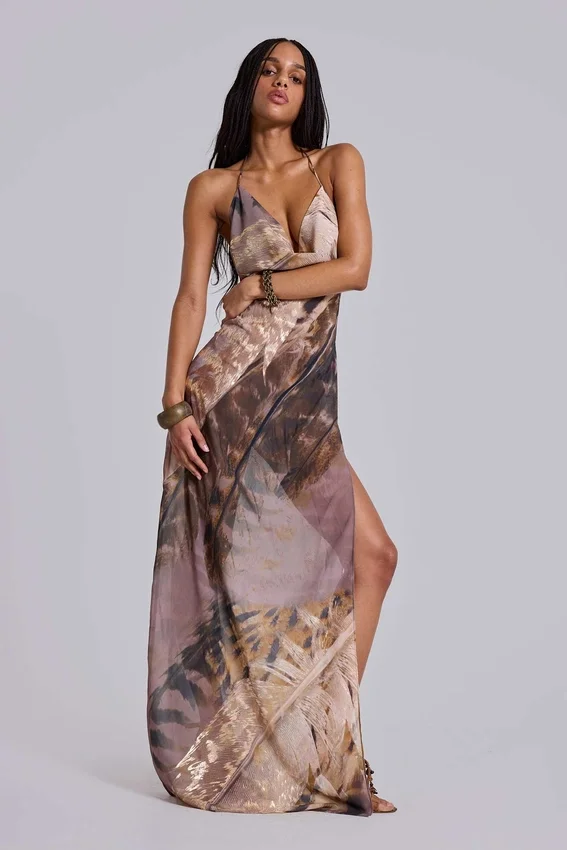 Alameda – Metallic-Maxikleid aus Chiffon mit Cowl-Ausschnitt und rückenfreiem Design