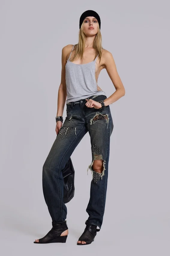 Tori-Jeans mit Low-Rise-Schnitt, Bootcut und Distressed-Effekt aus Spitze