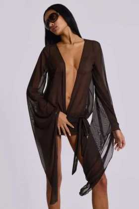 Aria Mesh-Plunge-Minikleid in Braun