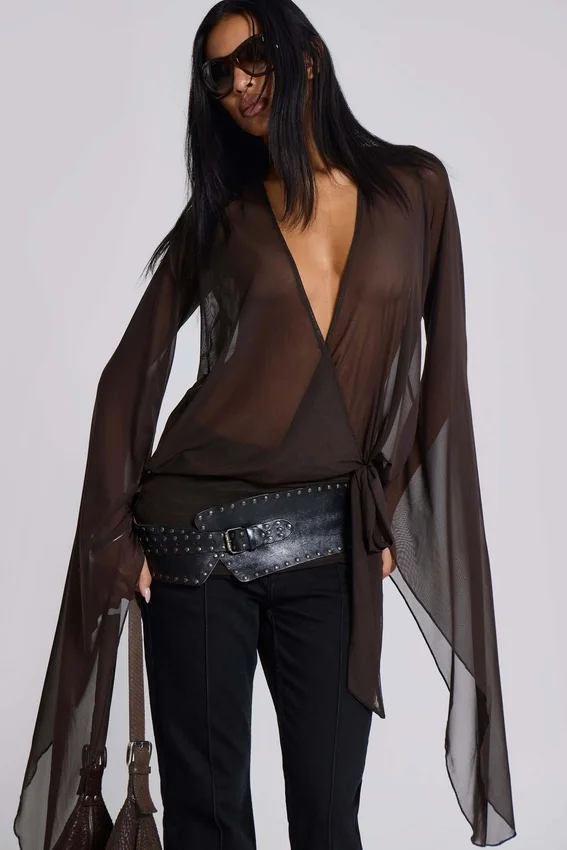 Aria Mesh-Plunge-Minikleid in Braun
