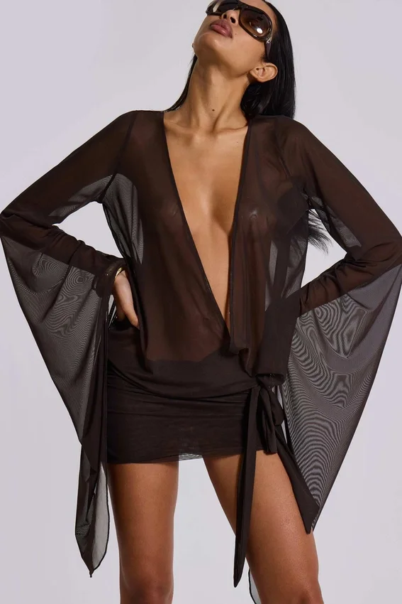Aria Mesh-Plunge-Minikleid in Braun
