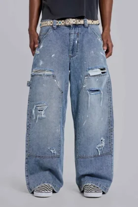 Blaue Vintage-Carpenter-Jeans im Distressed-Look
