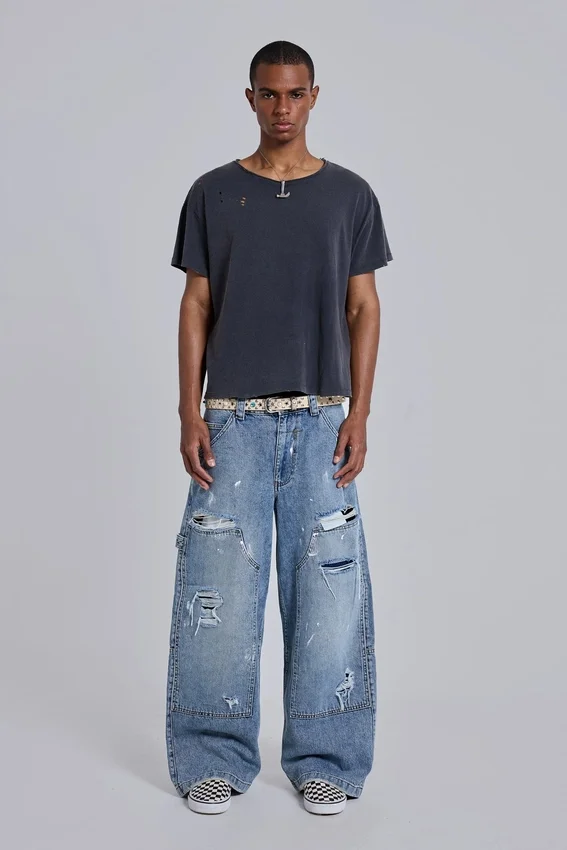 Blaue Vintage-Carpenter-Jeans im Distressed-Look