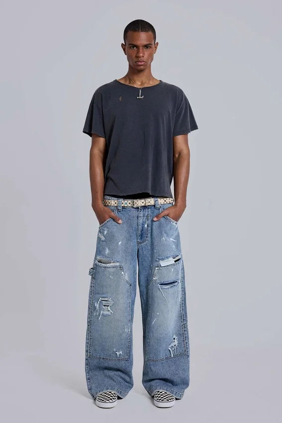 Blaue Vintage-Carpenter-Jeans im Distressed-Look