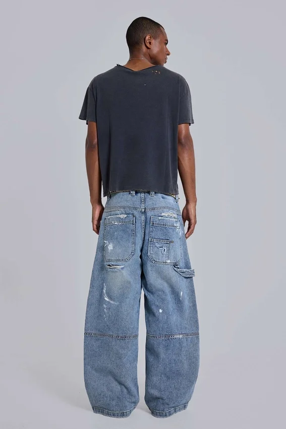 Blaue Vintage-Carpenter-Jeans im Distressed-Look