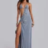 Brisa Asymmetrisches, handperlbesticktes Maxikleid