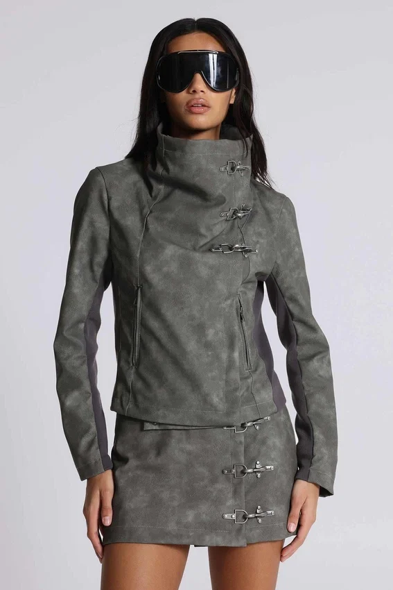 Cera Clasp PU-Leder-Funnel-Jacke