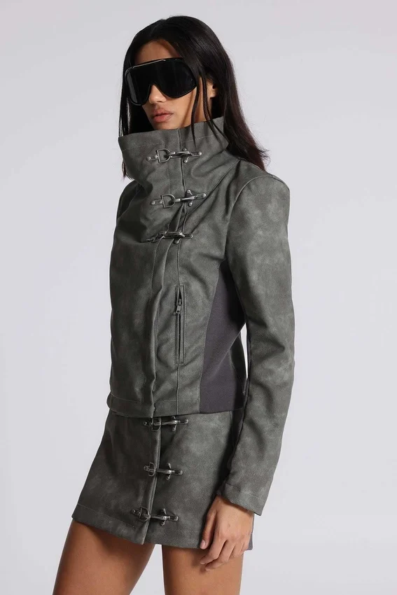 Cera Clasp PU-Leder-Funnel-Jacke