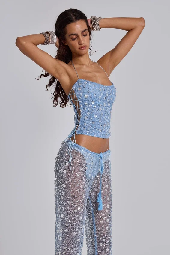 Deva-Strickhose mit Pailletten in Sky