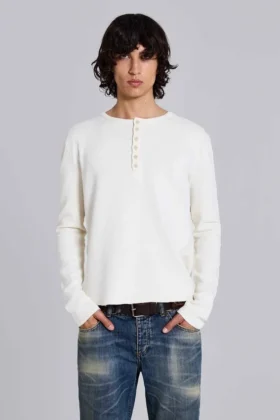 Ecru Waffle Henley-Oberteil