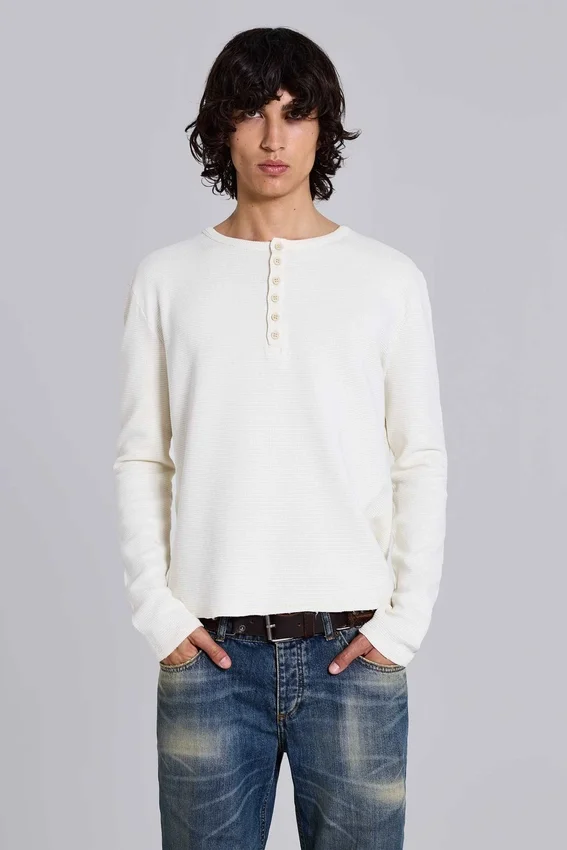Ecru Waffle Henley-Oberteil