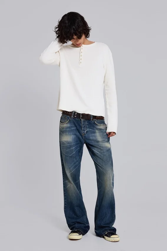 Ecru Waffle Henley-Oberteil