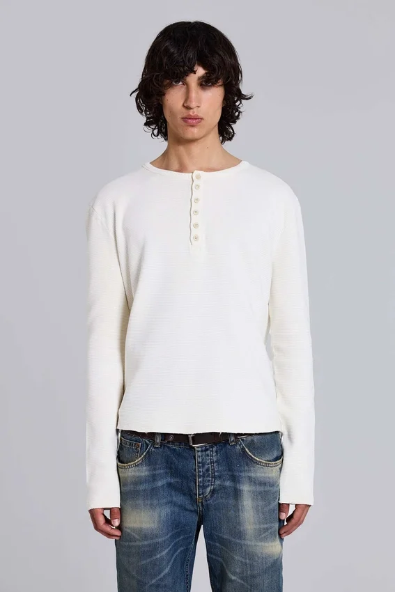 Ecru Waffle Henley-Oberteil