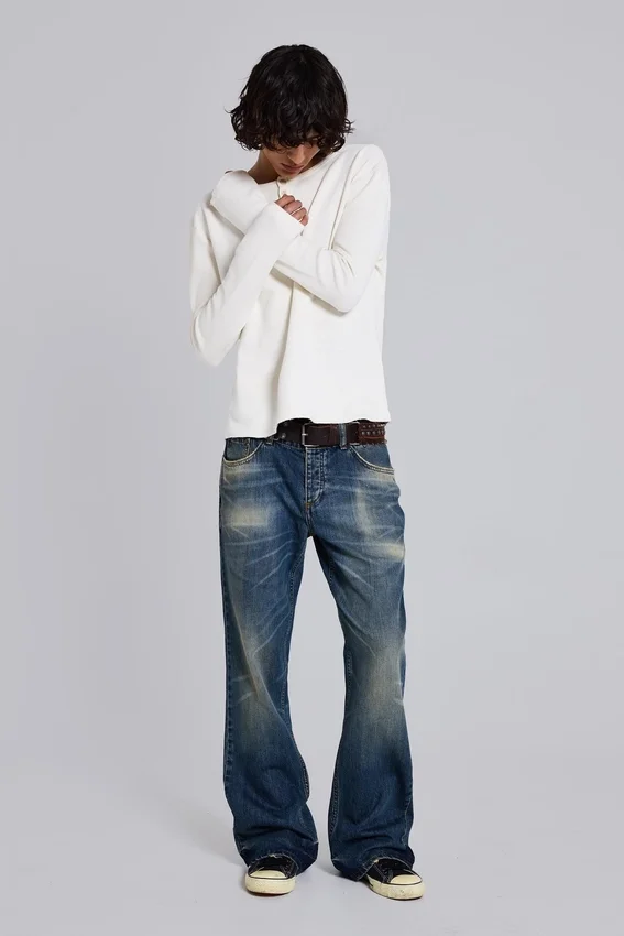 Ecru Waffle Henley-Oberteil