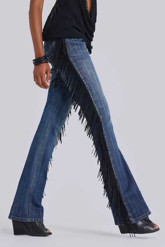 El Topo Bootcut-Jeans mit Fransen in blauer Waschung