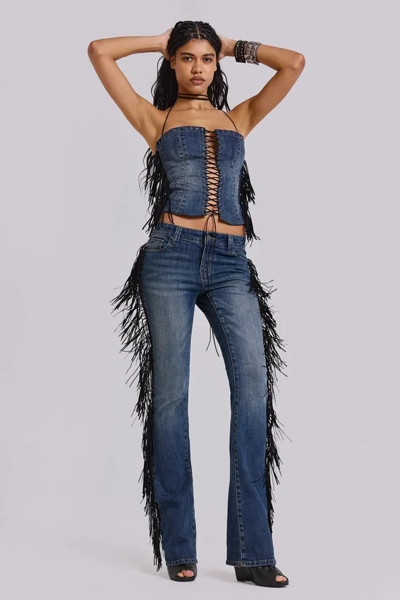 El Topo Bootcut-Jeans mit Fransen in blauer Waschung