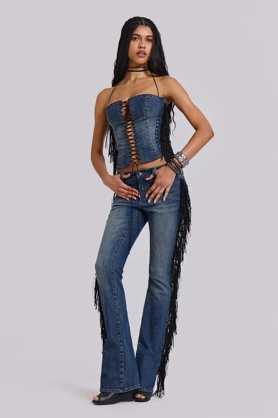 El Topo Bootcut-Jeans mit Fransen in blauer Waschung