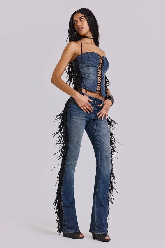 El Topo Bootcut-Jeans mit Fransen in blauer Waschung