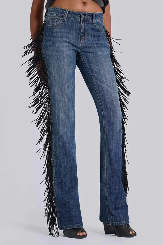 El Topo Bootcut-Jeans mit Fransen in blauer Waschung
