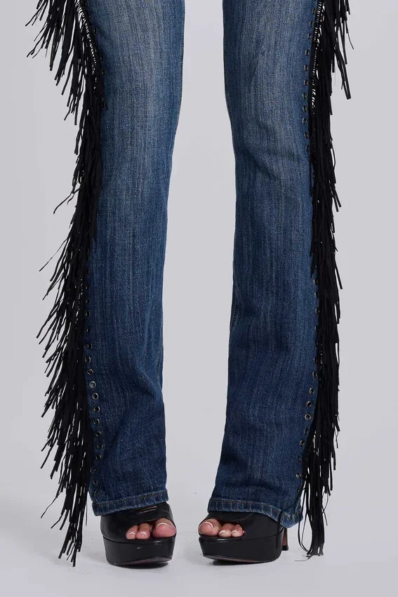 El Topo Bootcut-Jeans mit Fransen in blauer Waschung