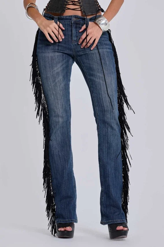 El Topo Bootcut-Jeans mit Fransen in blauer Waschung