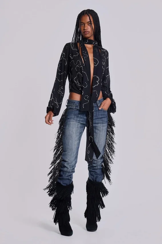 El Topo Bootcut-Jeans mit Fransen in blauer Waschung