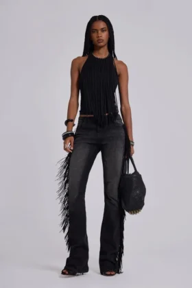 El Topo Fringe Bootcut-Jeans in schwarzer Waschung