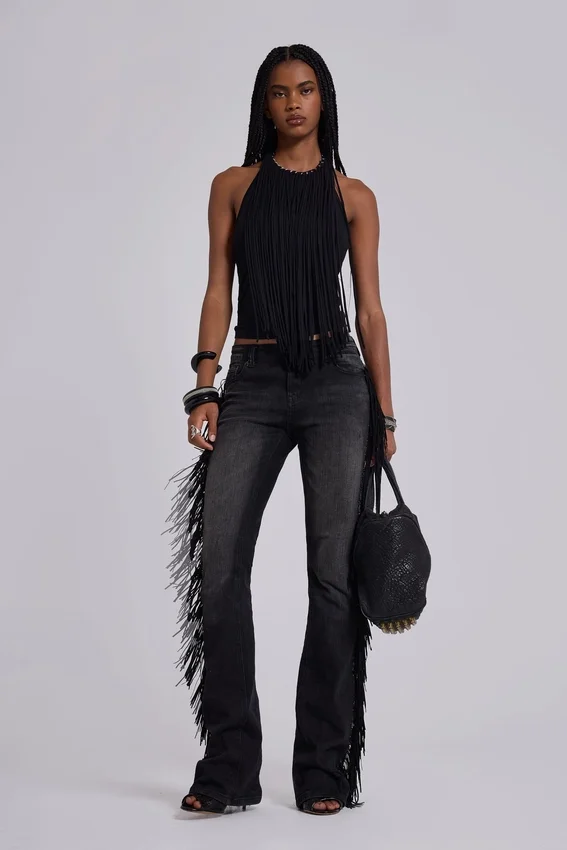 El Topo Fringe Bootcut-Jeans in schwarzer Waschung