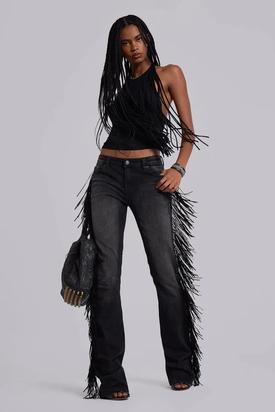 El Topo Fringe Bootcut-Jeans in schwarzer Waschung