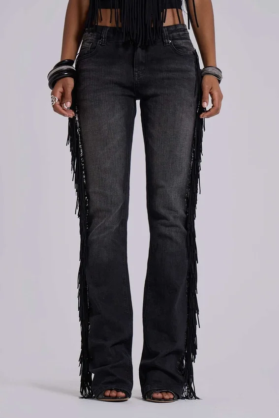 El Topo Fringe Bootcut-Jeans in schwarzer Waschung