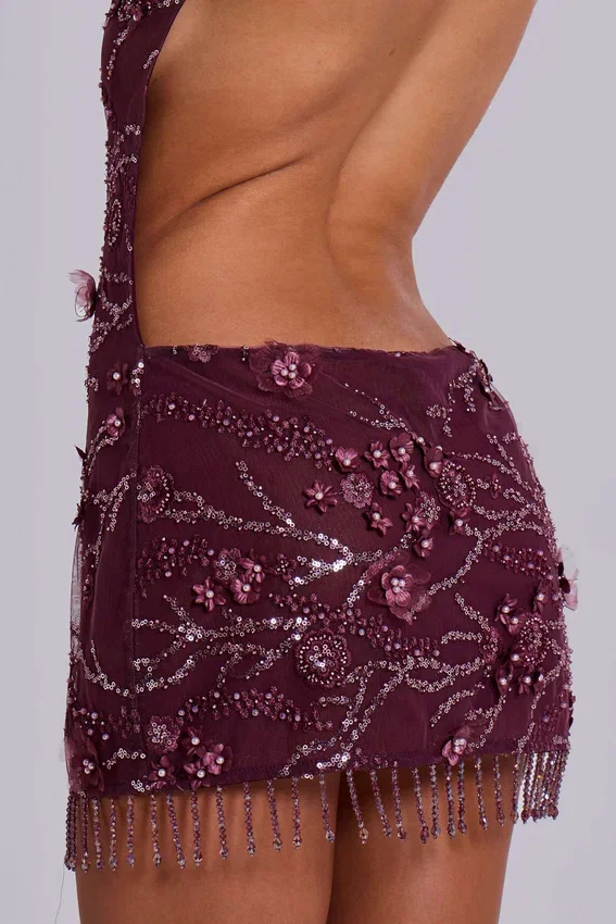 Ellora Mini-Kleid mit Verzierungen in Weinrot