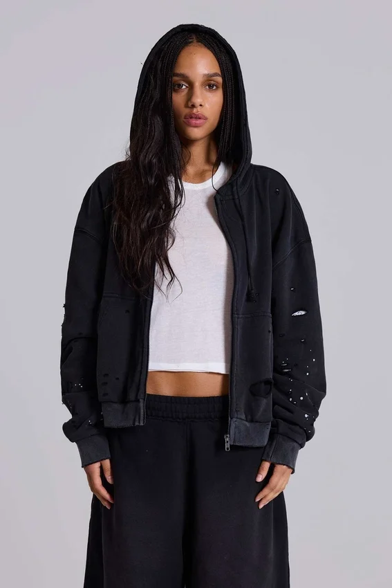Gewaschener schwarzer Hoodie mit Reißverschluss, Waffelpiqué-Futter und sonnenverblasster Optik