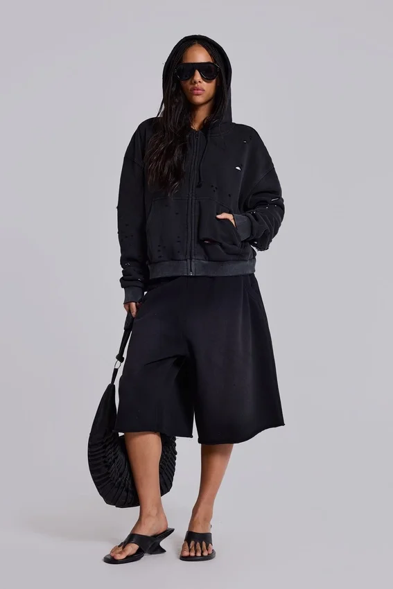 Gewaschener schwarzer Hoodie mit Reißverschluss, Waffelpiqué-Futter und sonnenverblasster Optik