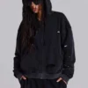Gewaschener schwarzer Hoodie mit Reißverschluss, Waffelpiqué-Futter und sonnenverblasster Optik