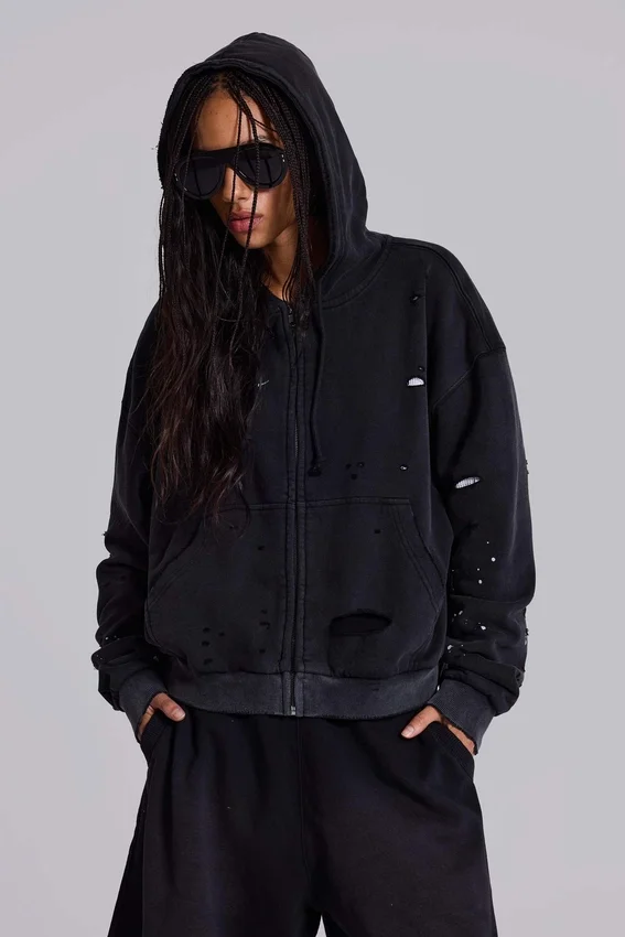 Gewaschener schwarzer Hoodie mit Reißverschluss, Waffelpiqué-Futter und sonnenverblasster Optik