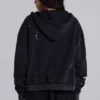 Gewaschener schwarzer Hoodie mit Reißverschluss, Waffelpiqué-Futter und sonnenverblasster Optik