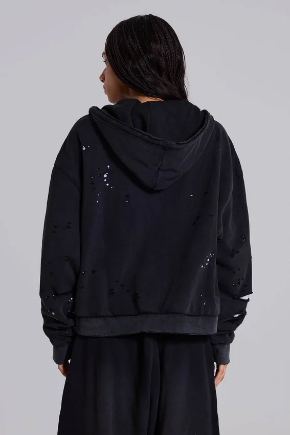 Gewaschener schwarzer Hoodie mit Reißverschluss, Waffelpiqué-Futter und sonnenverblasster Optik