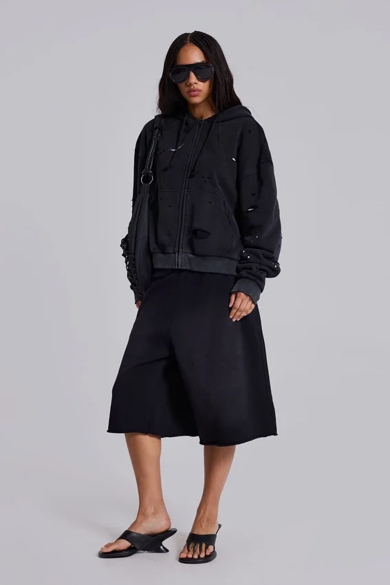 Gewaschener schwarzer Hoodie mit Reißverschluss, Waffelpiqué-Futter und sonnenverblasster Optik