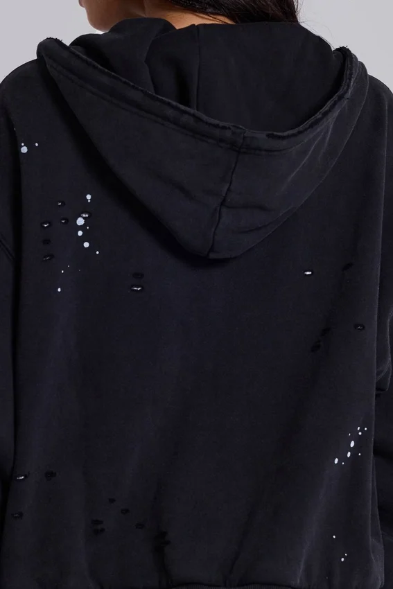 Gewaschener schwarzer Hoodie mit Reißverschluss, Waffelpiqué-Futter und sonnenverblasster Optik