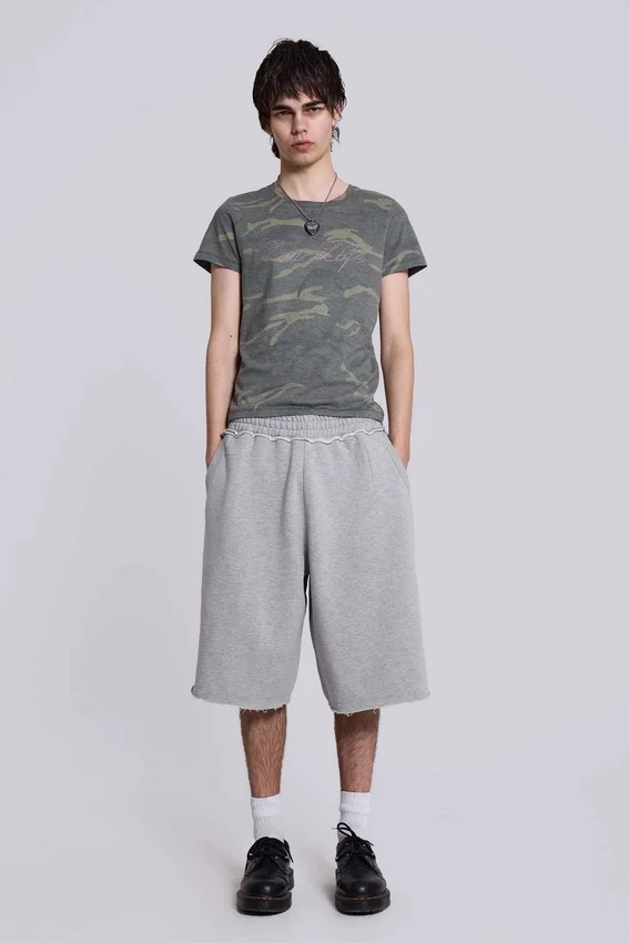 Grau melierte „Monster Joggers“ Baggy-Shorts