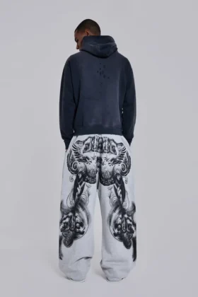 Grau melierte, weite Monster Joggers mit Gothic-Print