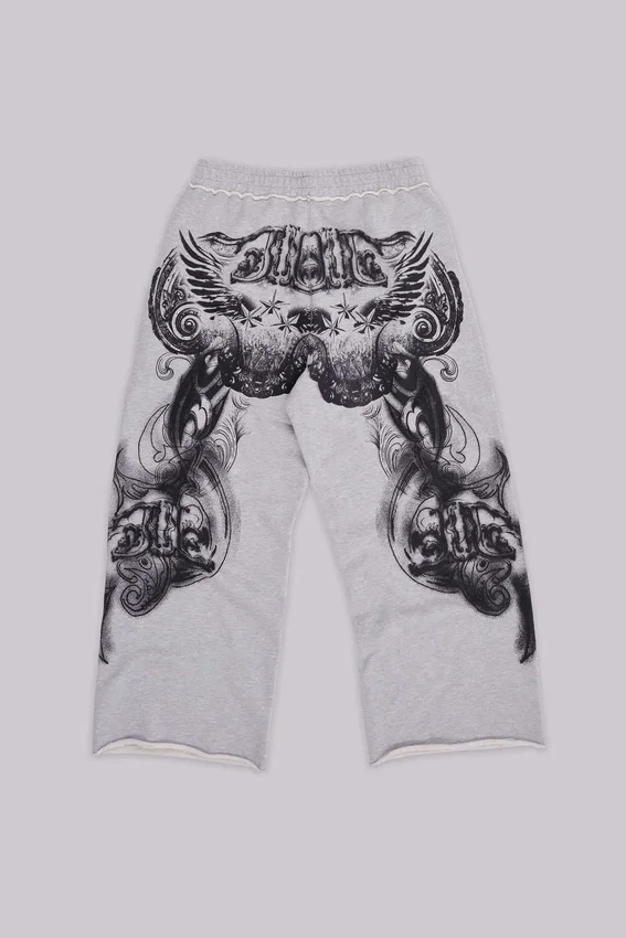 Grau melierte, weite Monster Joggers mit Gothic-Print